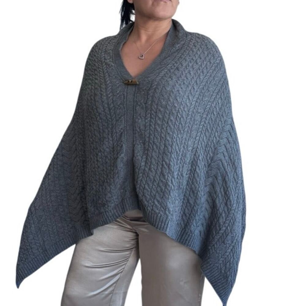 Orvis Gray Cable Knit Wool Blend Poncho Cape Sweater Shawl One Size Cozy